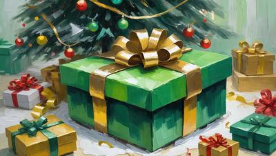The primary subject of the image is a large, green, gold, and white box with a bow on top. The box is placed on a snowy surface, which adds a festive and wintry atmosphere to the scene. The visual style of the image is a painting, which gives it a more artistic and detailed appearance. The colors and mood of the image are warm and cozy, with the green and gold colors of the box and the white snow creating a sense of holiday cheer.